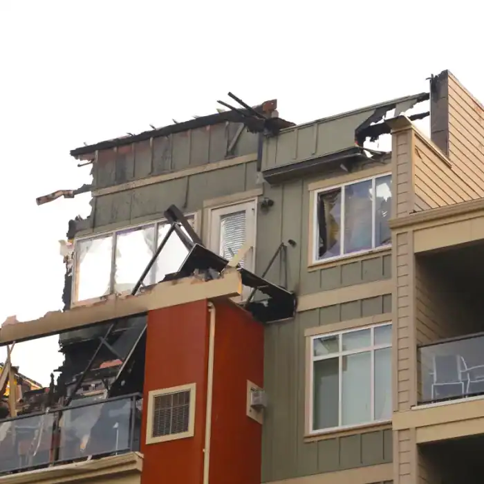Fire damage to the upper floors of a multi-story residential building.
