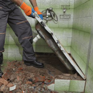 Fire damage testing technician examining a burned wall and floor.